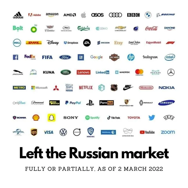 V1Equity's tweet photo. All the companies that have left the Russian economy since the invasion of Ukraine. 

Is Russia on the brink of default? 

via Reddit https://t.co/YeDFIxtaXU