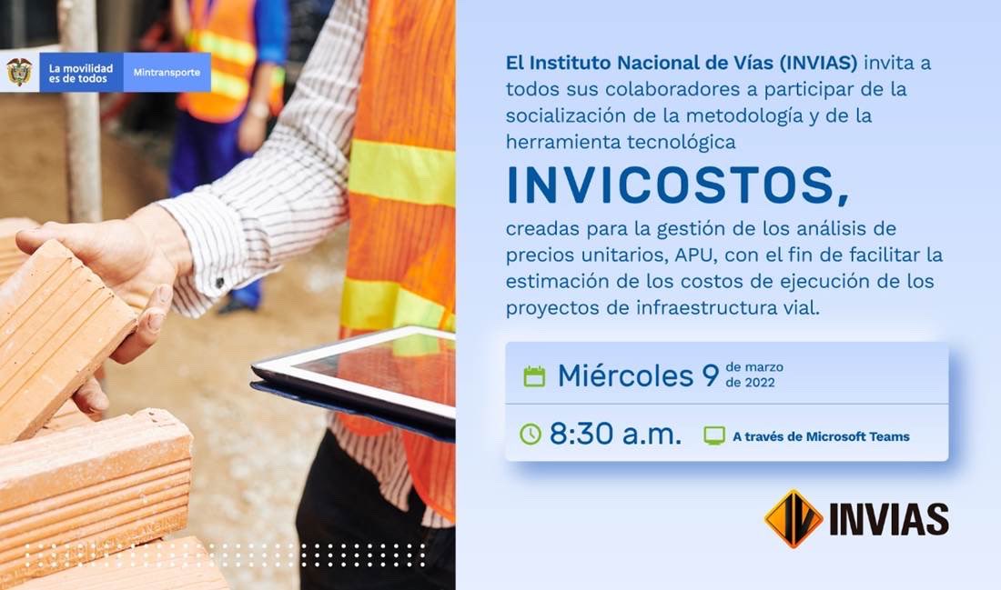CINTELColombia's tweet photo. ¿Ya conoce la herramienta #INVICOSTOS de @InviasOficial?
 
Conéctese el miércoles 9 de marzo a las 8:30 al evento de socialización de esta herramienta, la cual permite consultar y actualizar los análisis de precios unitarios (APU) de referencia.
 
Ingreso: https://t.co/QWnVhZEAxw https://t.co/y2bolOxp6K