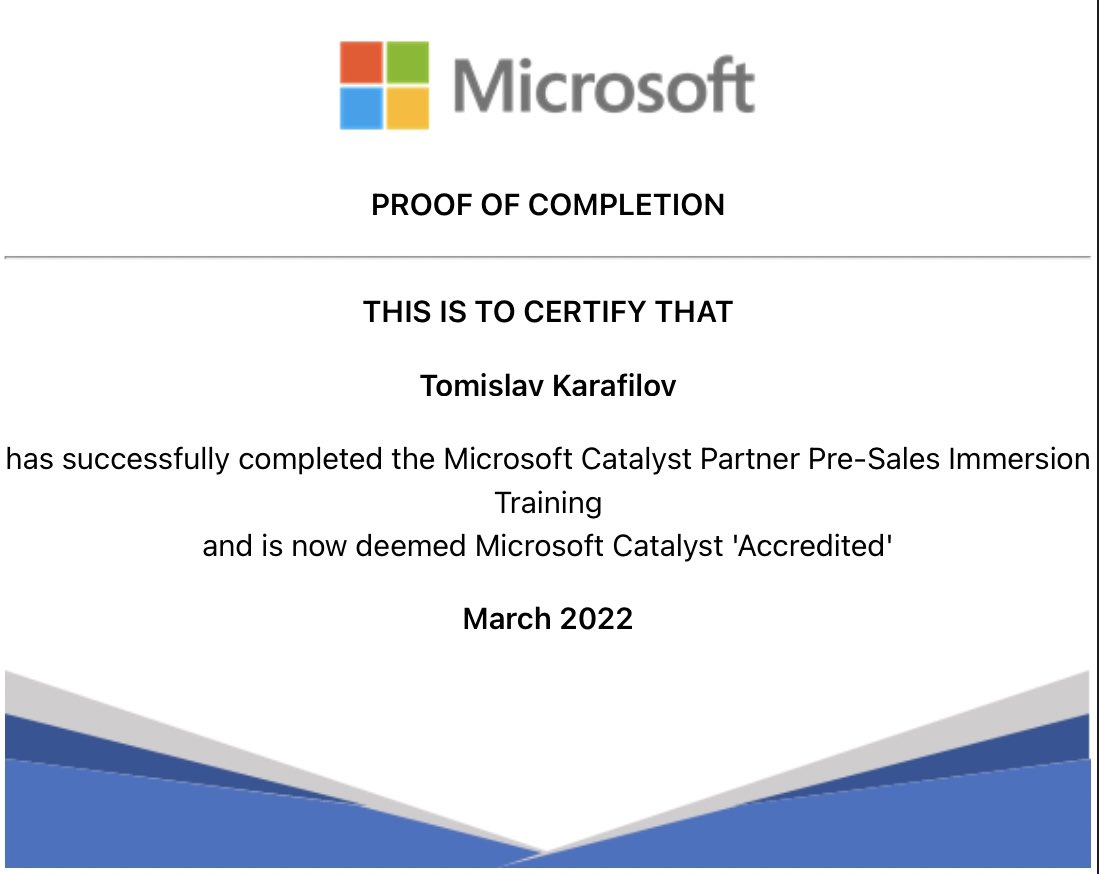 TKarafilov's tweet photo. OK, #MicrosoftCatalyst ‘Accredited‘ ✅
Learned different sales plays around the
#PowerPlatform and #Dynamics365 I can use in my Pre-Sales activities and also some supporting methods for communication and requirements analysis! Sell solutions, not products! https://t.co/ijf66QFqgv