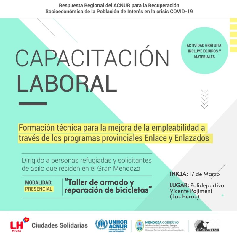 EmilceVegaEOK's tweet photo. 🚴🏻 SE REPROGRAMA EL INICIO DEL TALLER DE ARMADO Y REPARACIÓN DE BICICLETAS
La capacitación que realizaremos junto a @ACNURargentina, Bicicletas Yuris, @tierranueva2005 y @EconomiaMza dirigido a personas refugiadas y solicitantes de asilo en Mendoza, iniciará el 17 de marzo. https://t.co/19YlTsjzEL
