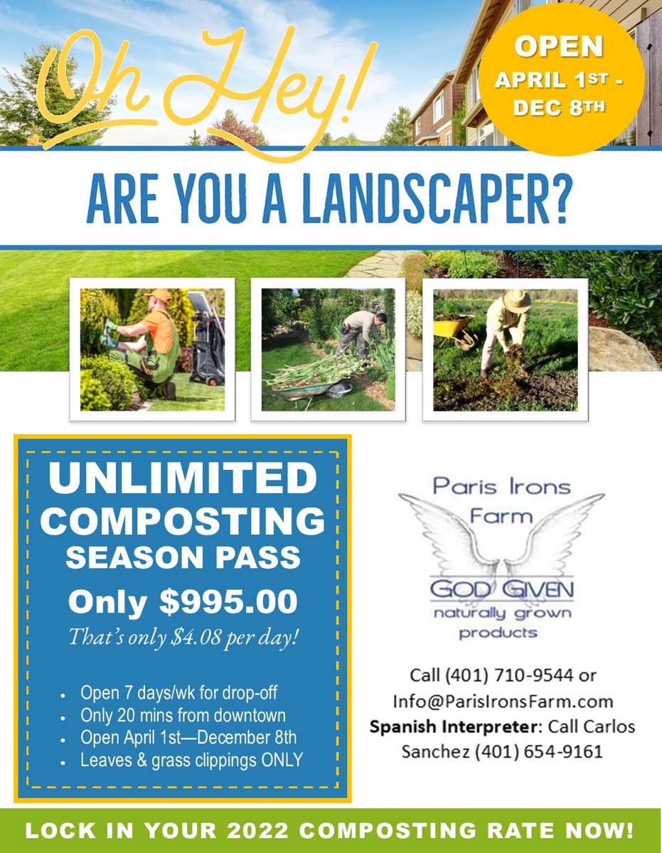 CraigDiPetrillo's tweet photo. OPEN FOR COMPOSTING APRIL 1st - DEC 8th
(grass clippings &amp; leaves only)
👉RESERVE NOW - LIMITED SPACE AVAILABLE
👉The RI landfill will be closing soon!
👉Call (401) 710-9544 or e-mail Info@ParisIronsFarm.com
.
.
.
#compost #composting #farm #landscaper #RhodeIsland https://t.co/UnnB2gfsnN