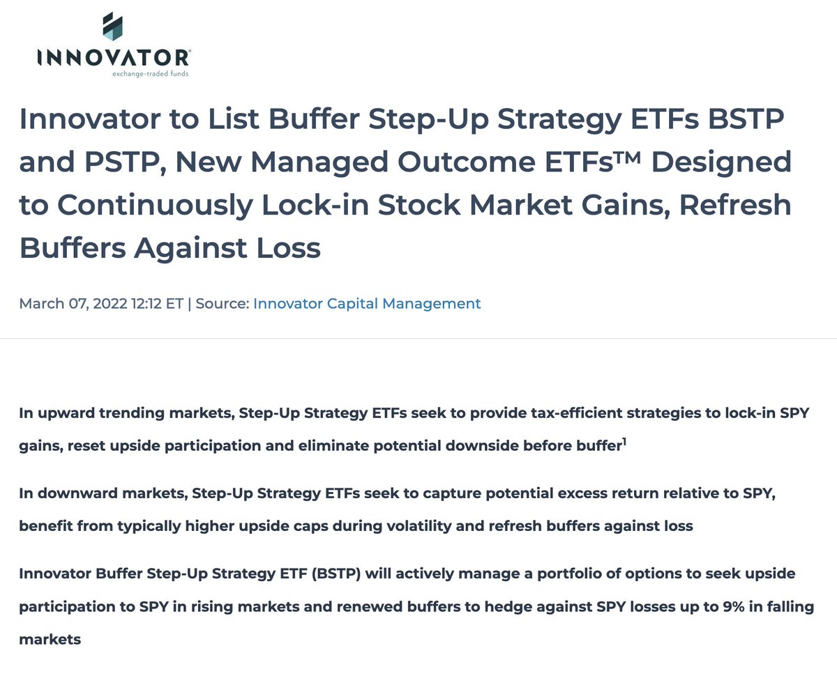 KeramasMarComms's tweet photo. ETF NEWS: @InnovatorETFs to List Buffer Step-Up Strategy ETFs BSTP and PSTP, New Managed Outcome ETFs™ Designed to Continuously Lock-in Stock Market Gains, Refresh Buffers Against Loss
$BSTP $PSTP launching tomorrow. #ETFs #BufferETFs #DefinedOutcome
https://t.co/Hun0JaG5ly https://t.co/EsKstV7sZB