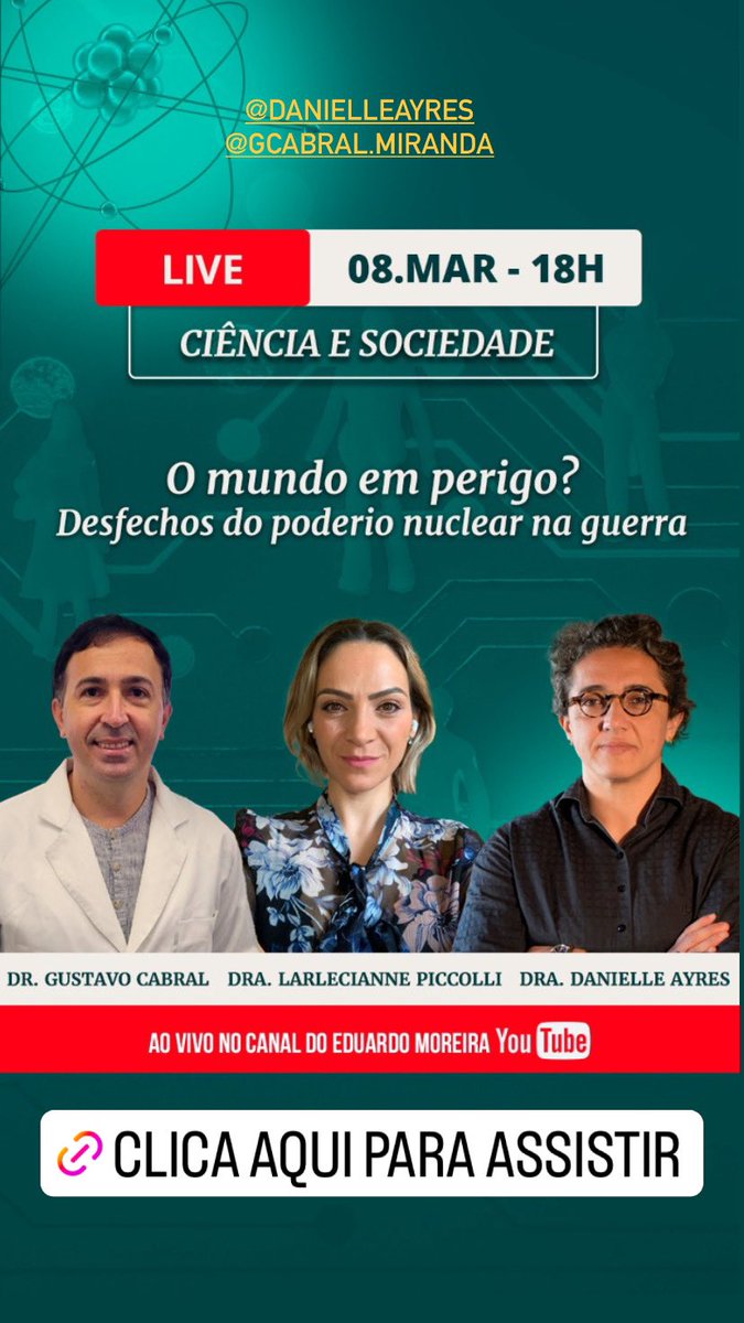 Amanhã estarei com Profa. <a href="/djap2222/">Danielle Ayres</a> e o Prof. Gustavo Cabral no canal do @eduardomoreira conversando sobre armas nucleares!
Vem com a gente!