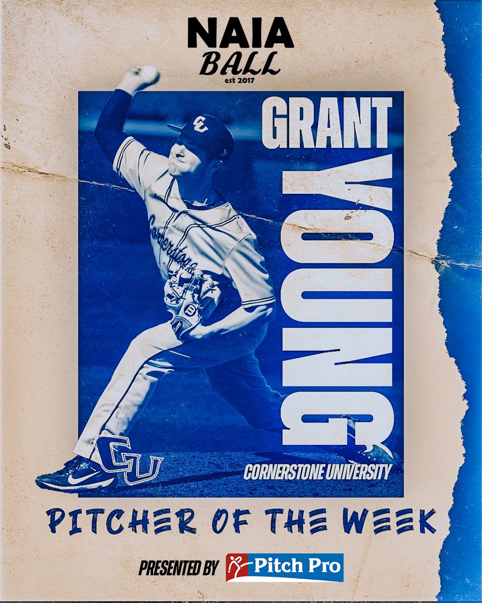 The NAIA Ball Pitcher of the Week presented by @AeroformAthltic is Cornerstone SP Grant Young

The sophomore hurler threw CU’s first no-hitter in program history and picked up the team’s first ever Top 10 victory in a route over No. 8 Keiser in Florida

Line: 7 IP, 0 H, 0 R, 10 K