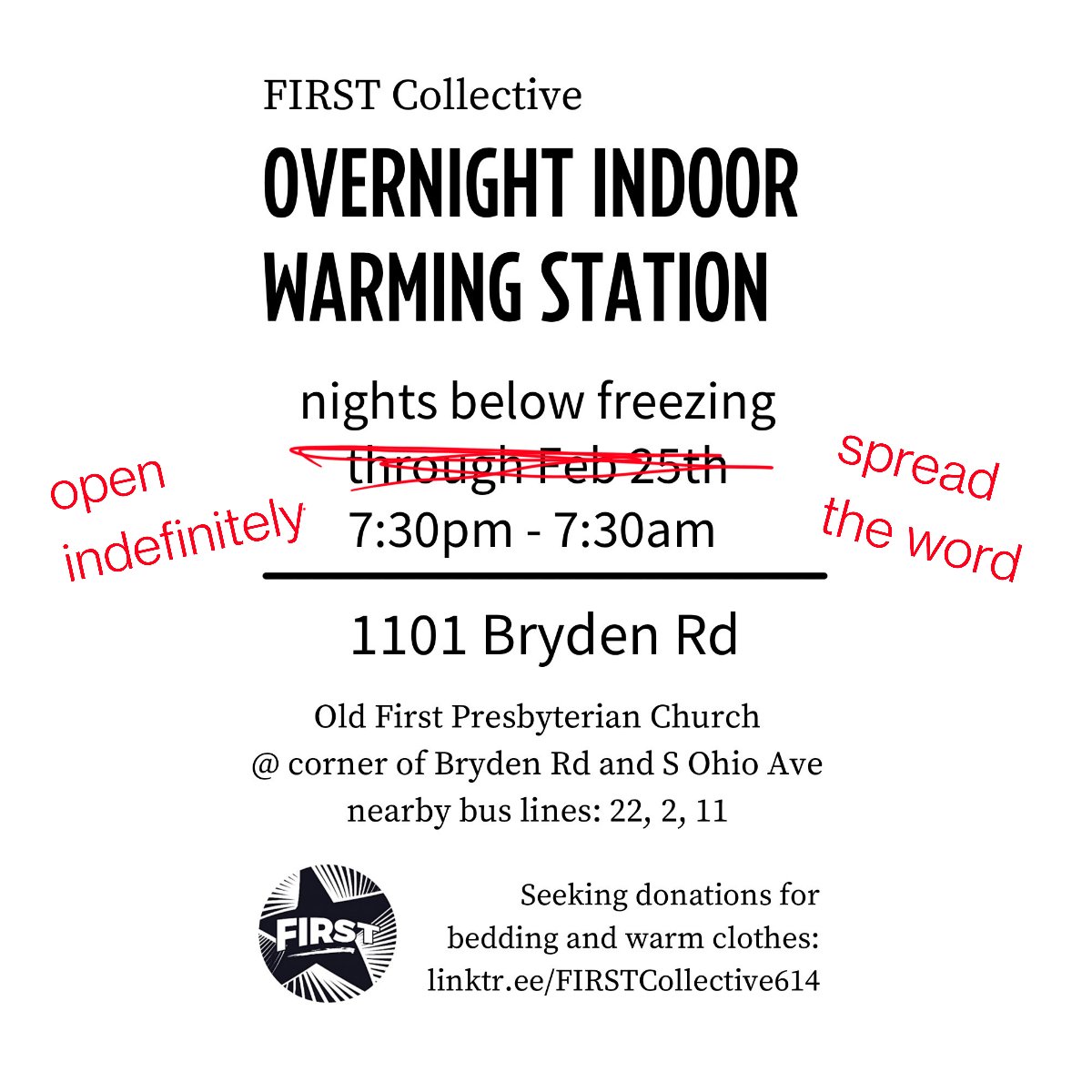 We're open tonight, and indefinitely, on cold nights.

If you or anyone you know is sleeping rough tonight, we'll be there at 7:30. Come warm up. ❤️