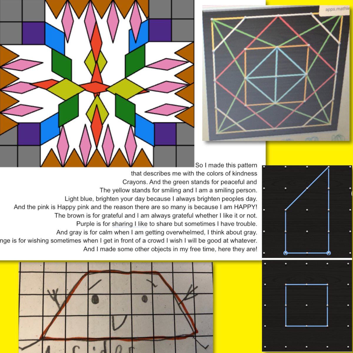 Lkennedy37's tweet photo. From virtual geoboard https://t.co/8LP0hQVgCx to geo shapes, geometry in the wild' & our own mosaic creations with renamed colours for peace Polygons aplenty, variety of vertices & #Makeful meaning on the face of it #ScTEM34 https://t.co/MDzHHy8tzd