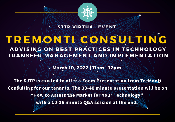 Join us on March 10, 11am - 12pm, for a special virtual presentation from <a href="/TreMontiConsult/">TreMonti Consulting</a> for our tenants on "How to Assess the Market for Your Technology" 💹 Registration + Zoom Link: bit.ly/3vOuY4U