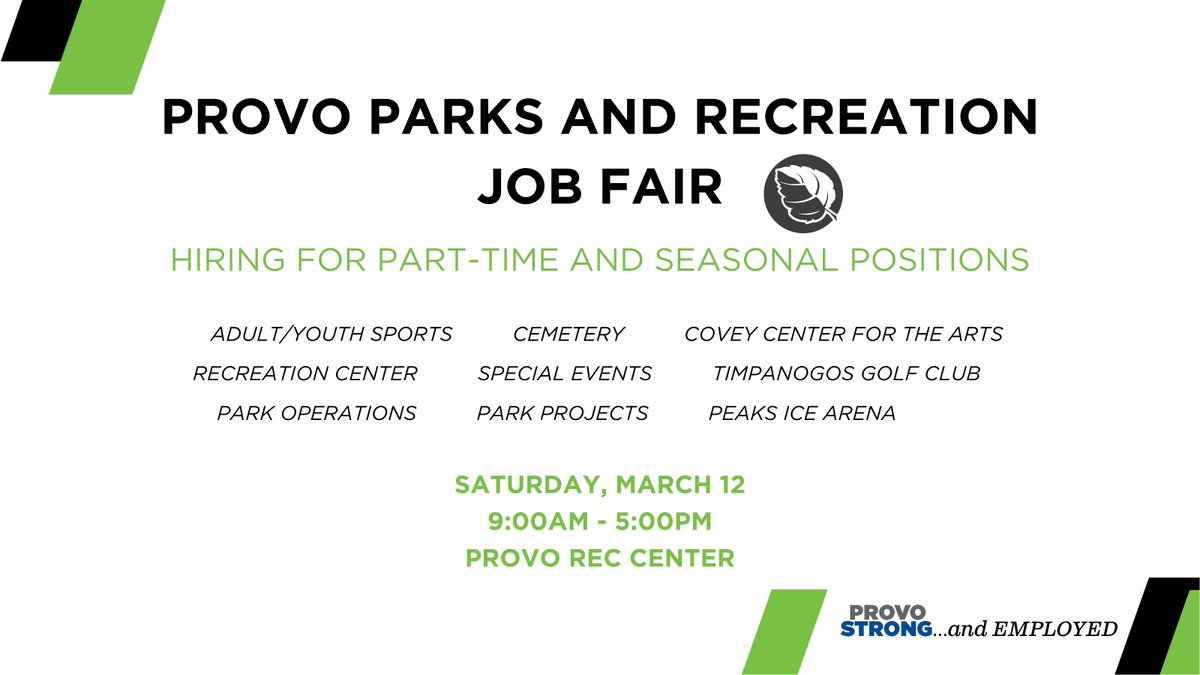 ProvoParks's tweet photo. Please join us for a Job Fair at the Provo Rec Center this Saturday, March 12th! https://t.co/JlHJMUusmE