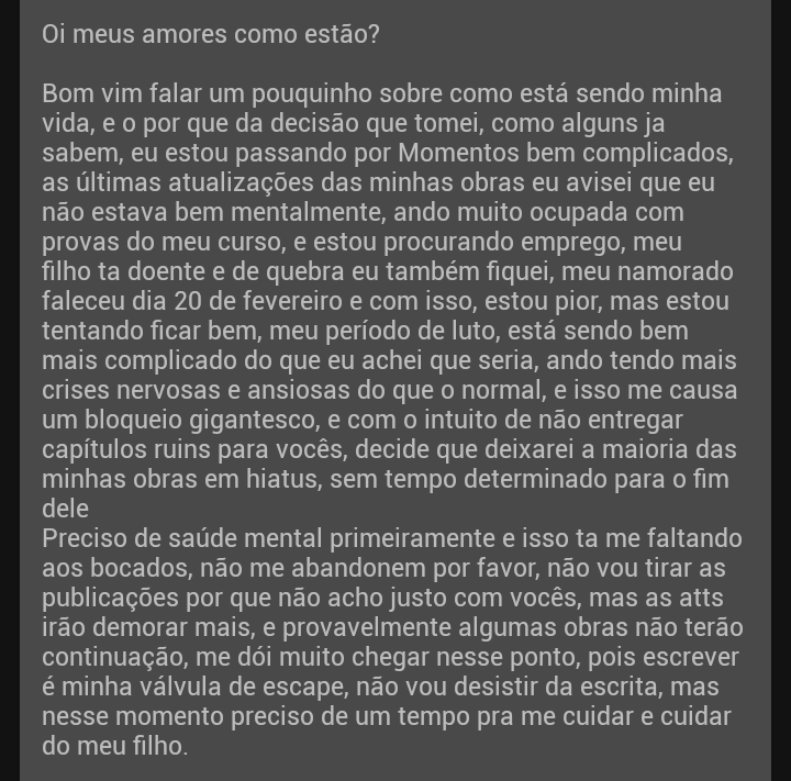 Titiverso's tweet photo. Me doeu muito escrever isso, me encontro chorando, pra um escritor deixar suas obras em hiatus é uma decisão extremamente difícil, espero que entendam e que não me esqueçam amo vocês demais, obrigada por tudo❤️ https://t.co/oBwFHsVubR