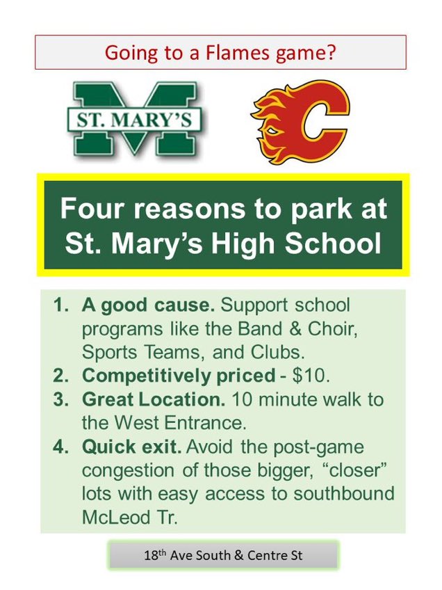 StMarysHS_ccsd's tweet photo. Flames parking tonight! Support the Calgary Flames and support the Saints! @CCSD_edu https://t.co/Sn6hmrewLw