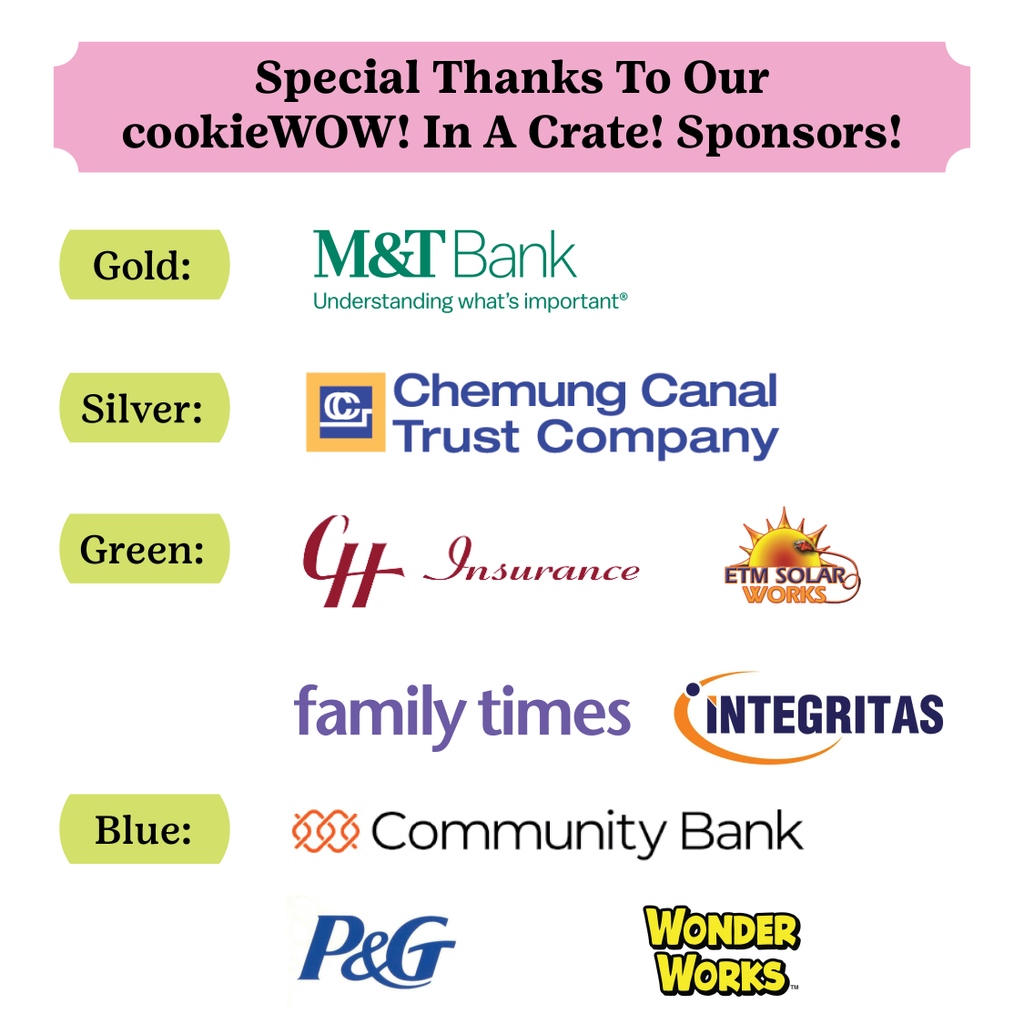 GSNYPENN's tweet image. Thank you to our cookieWOW! in a Crate! sponsors: @MandT_bank, @Chemung Canal Trust Company @CH_INS_AGENCY, @etmsolar, @CNYFamilyTimes, Integritas, Community Bank, @ProcterGamble and @WonderWorksDUSA!