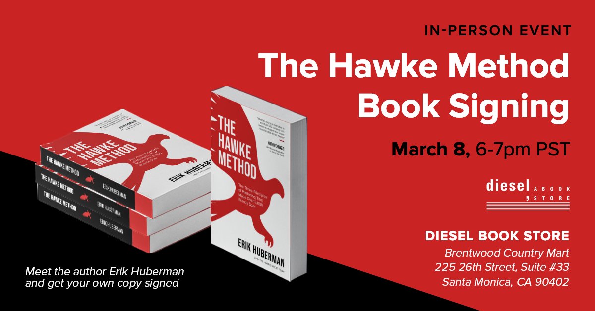 ErikHuberman's tweet photo. #TheHawkeMethod comes out tomorrow! Join me at my book signing on March 8thย at the Diesel Book Store in the Brentwood Country Mart in Santa Monica from 6-7pm PST!
#TheHawkeMethodBook #HawkeMedia #TheHawkeMethod https://t.co/utYCbRduYq