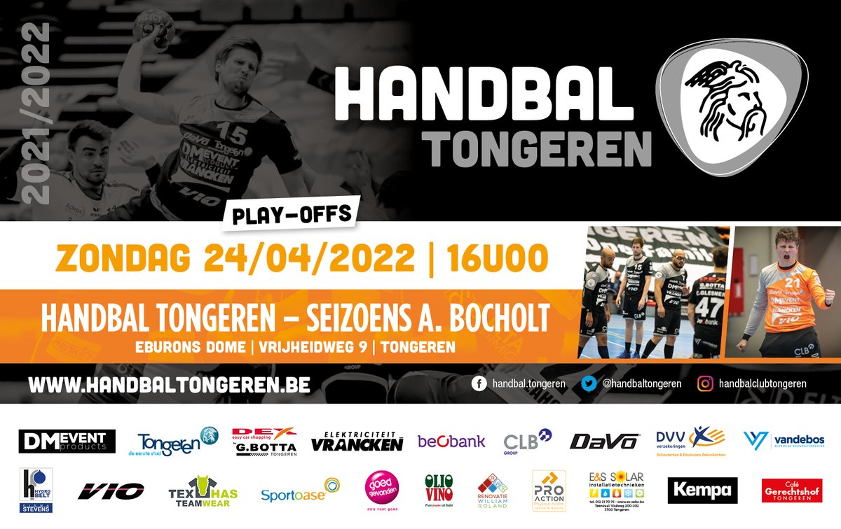 HandbalTongeren's tweet photo. 🏆 @Belgianhandball play-offs 🏆
🇧🇪 @HandbalTongeren 🆚 @AchillesBocholt  🇧🇪
🗓 24 april 2022
🕗16u00
📍 @sportoase Eburons Dôme, Vrijheidweg 9, Tongeren
🙌 Supporters, allen op post! 🙌

#HandbalTongeren
#OneTeamOneFamily https://t.co/5nhlWhdbtM