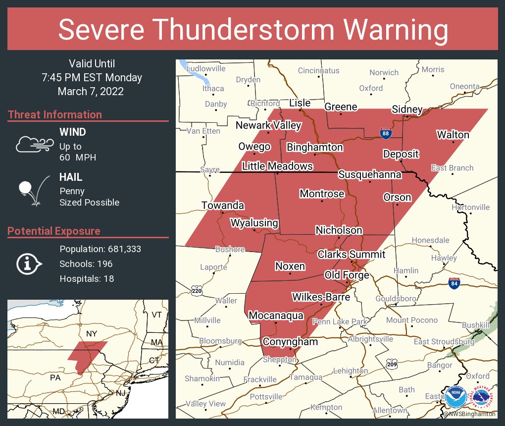 Severe Thunderstorm Warning including Binghamton NY, Wilkes-Barre PA, Johnson City NY until 7:45 PM EST