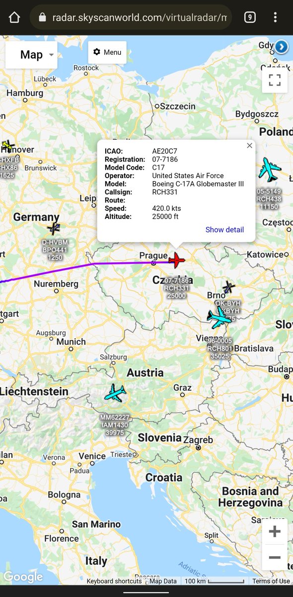 scan_sky's tweet photo. #USAF - Boeing C-17 Globemaster III - 07-7186 - #RCH331

Currently Squawking 7700 Over Czech Republic 🇨🇿

Squawk 7700 Is Reserved For Emergency Situations &amp; Alerts ATC That The Aircraft Is In Distress. 

Departed From Ramstein Air Base 🇩🇪 🇺🇸 &amp; Due Into Rzeszów-Jasionka Airport 🇵🇱 https://t.co/v8suh1fsow