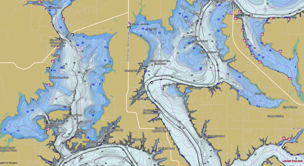 HD Contour / Bathymetry map of Grand Lake O' the Cherokees by i-Boating (https://fishing-app.gpsnauticalcharts.com/)