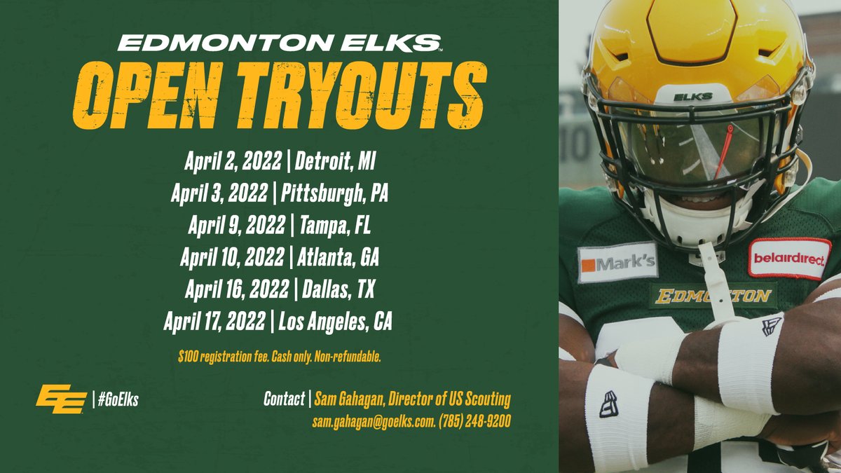 It's that time of year. Be the next one to wear the Green and Gold. 

Full details on try-outs | bit.ly/3tB9SEm | #GoElks

#Detroit #Pittsburgh #Tampa #Atlanta #Dallas #LosAngeles #FootballTryouts