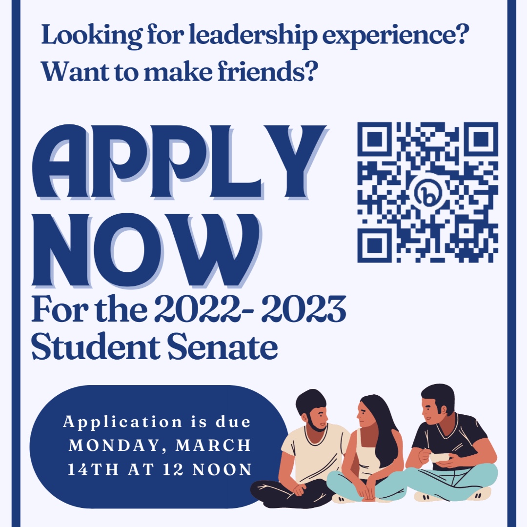 SGOCC's tweet photo. Looking for leadership experience? Want to make friends?
APPLY NOW FOR THE 2022-2023 STUDENT SENATE

Application is due Monday, March 14th at 12 noon PST
https://t.co/HcoDsf6yNf https://t.co/sR7IDhfGi9