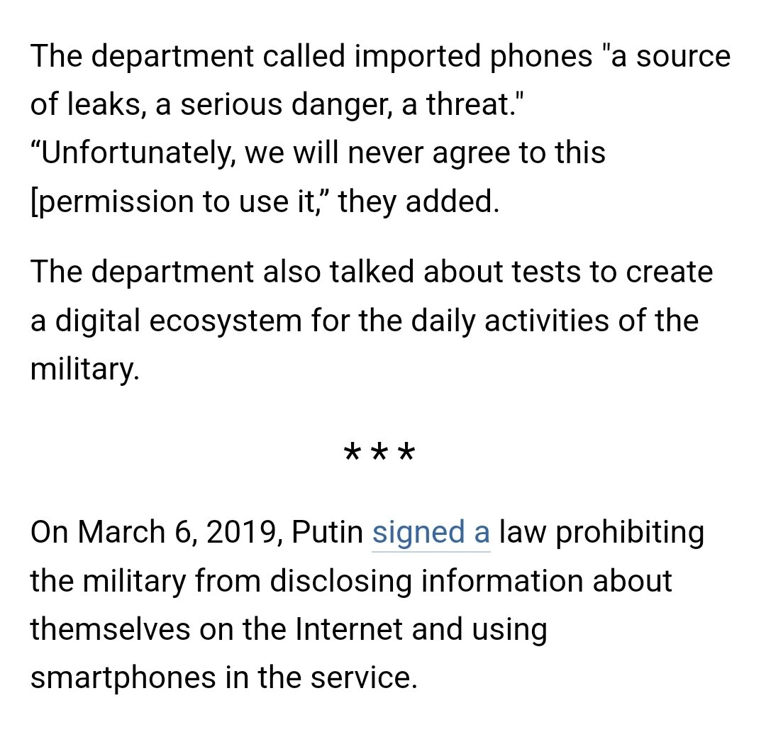 In closing, here's the origin of the greatest military opsec failure of all time.First, Putin signed the so-called  @bellingcat law, prohibiting soldiers from posting on social media.Then he told the military to not use foreign phones as they are "insecure".The rest is history.