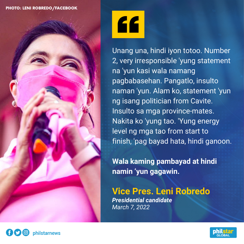 PhilstarNews's tweet photo. 'INSULTO NAMAN 'YUN'

In her interview with One PH, Vice President Leni Robredo denied allegations that those who attended her grand rally in General Trias were paid P500 each. 

RELATED: https://t.co/Qi20vdWVlH https://t.co/ZqmACbyzYd