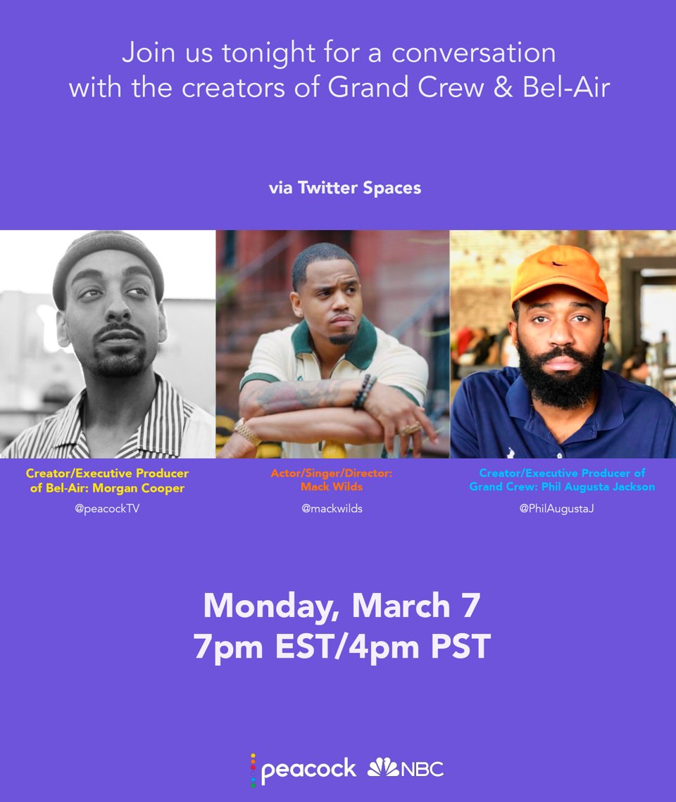 nbc's tweet photo. Join NBC #GrandCrew's @PhilAugustaJ, @peacockTV #BelAir's Morgan Cooper and actor/singer/director @mackwilds RIGHT NOW! ➡️ https://t.co/US3j82w1NZ https://t.co/DZpBUDL4gf