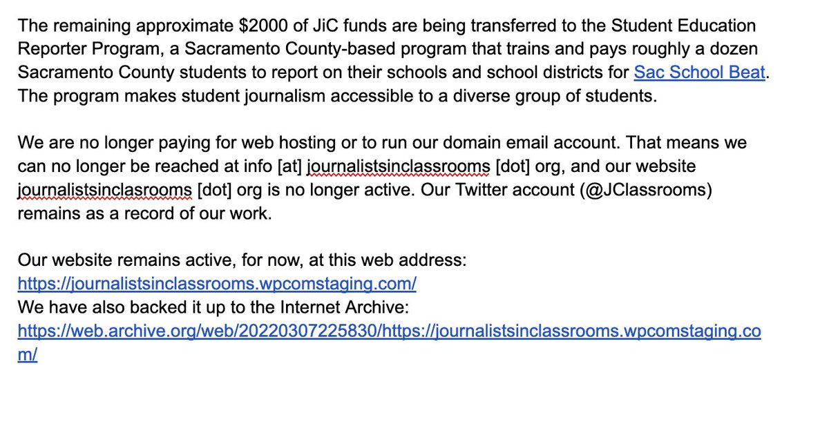 JClassrooms's tweet image. An announcement from JiC: We are ceasing operations &amp;amp; donating remaining funds to the Student Education Reporter Program 

1/
tinyurl.com/jic-announceme…
