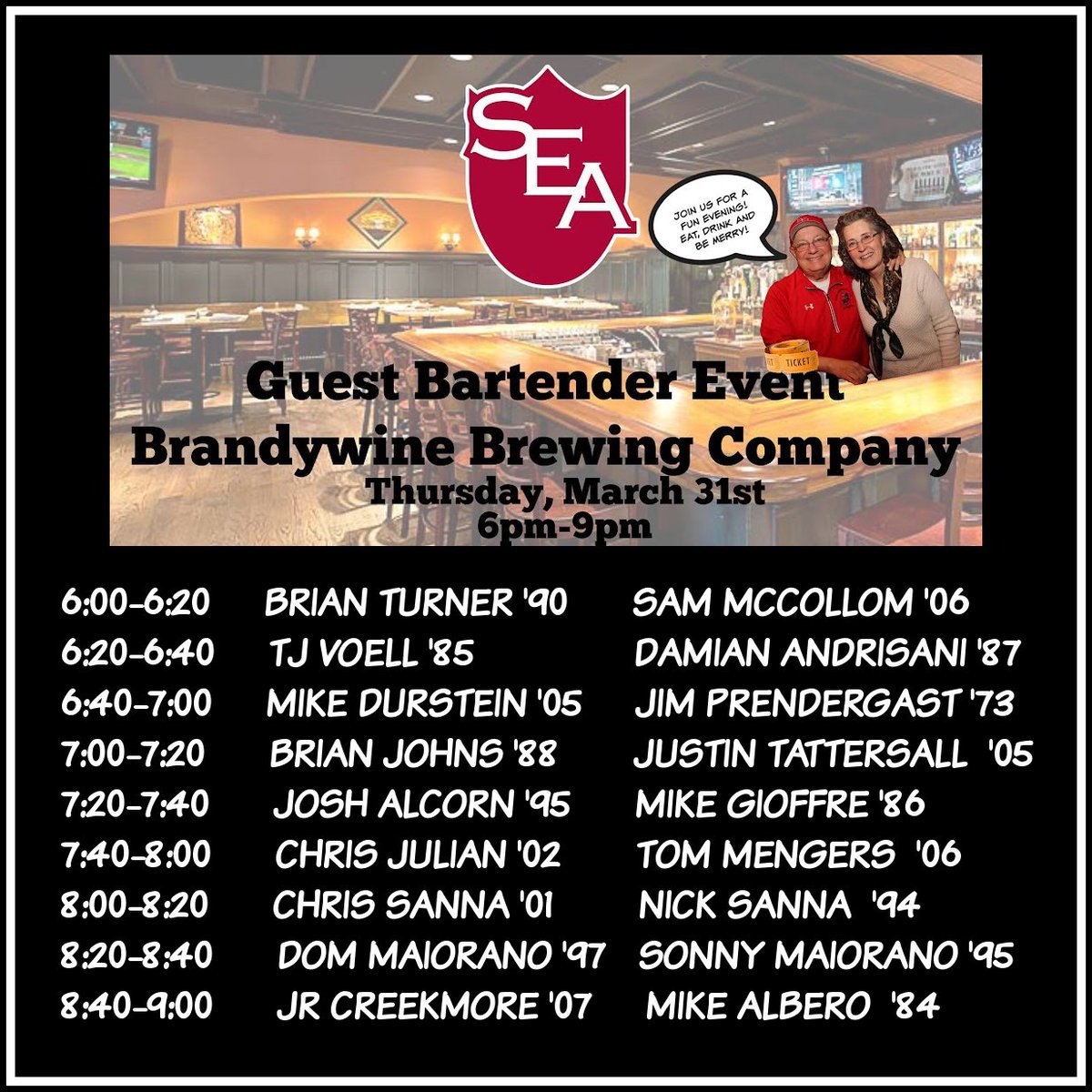 SEALancers's tweet photo. Announcing our Guest Bartenders!
Join us at the Brandywine Brewing Company on March 31st to eat, drink and be merry with your friends in the Saint Edmond's community! Be sure to tip your bartenders well and often!
#SEALancers #boysofcharacter #guestbartender https://t.co/Gvr4KDnufF