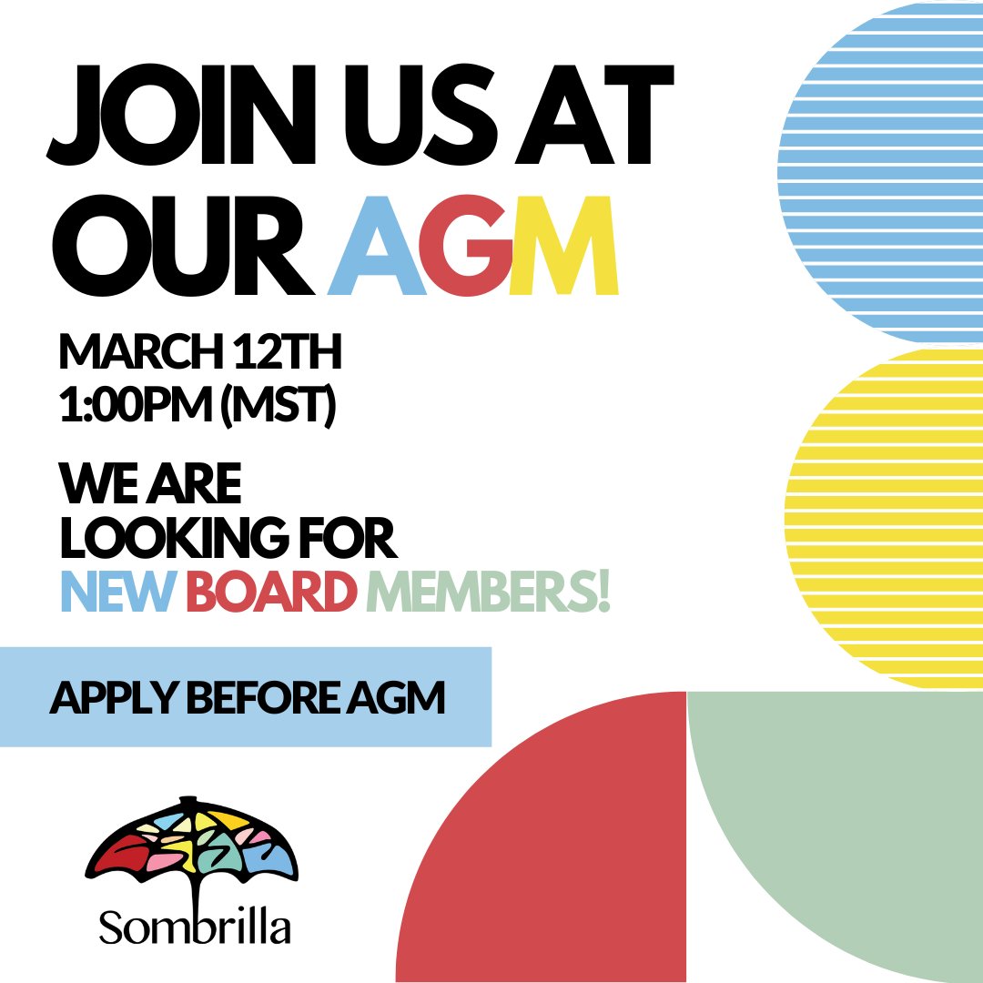 Join us at our virtual AGM on Saturday, March 12 2022 at 1:00 PM (MST). 
Zoom link
👉bit.ly/3C7Mlib

📢Want to get involved with Sombrilla? We are looking for NEW Board Members. Apply before the AGM if you are interested! 

How to apply? 
👉 sombrilla.ca/about-us/our-t…