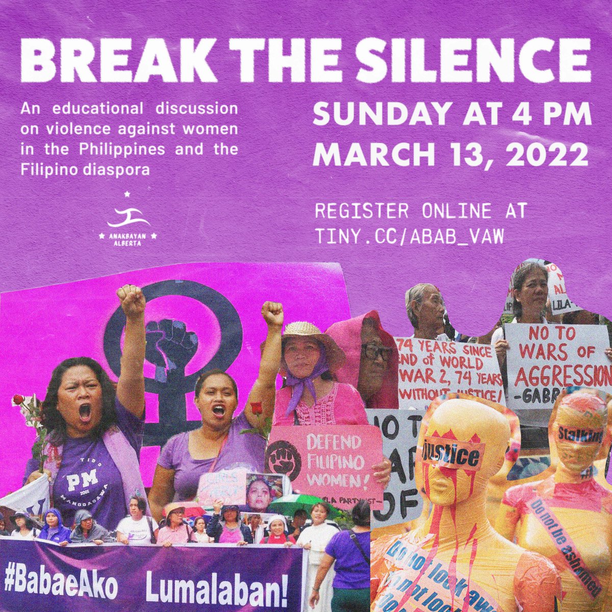 AnakbayanAB's tweet photo. In celebration of International Women’s Day, join Anakbayan Alberta for this virtual event happening on Sunday, March 13, 2022, at 4 PM (MST) on the issue of violence against women in the Philippines and the Filipino diaspora. 

➡️Register online: https://t.co/HplpBGGQt5 https://t.co/PqmQaEzNM8