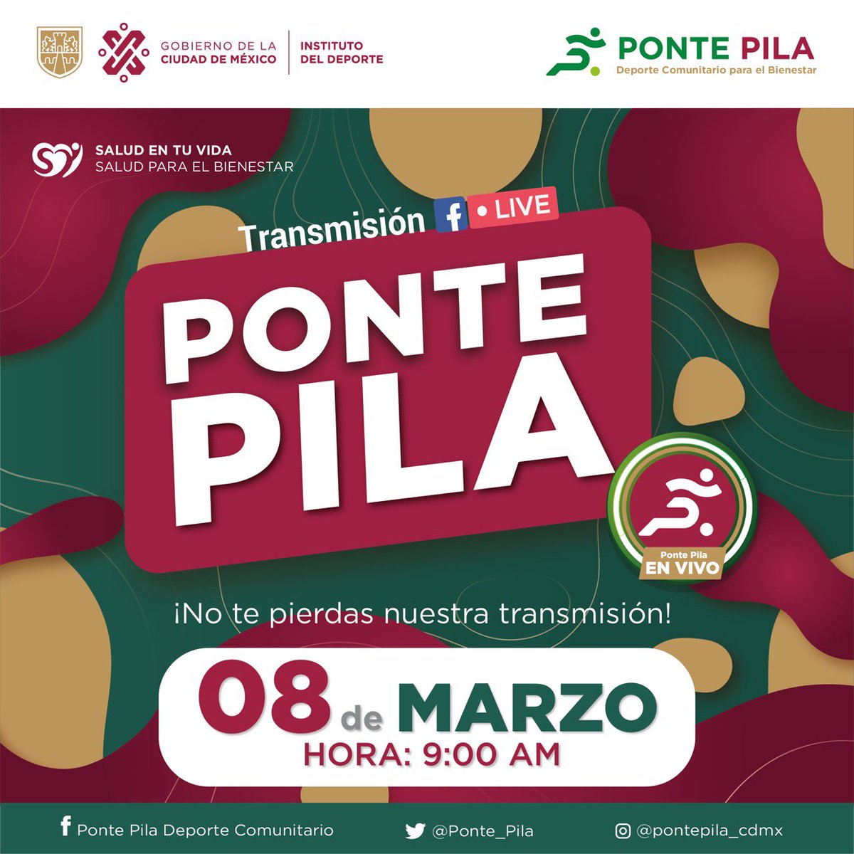 Ponte_Pila_'s tweet photo. 🔴 Mañana los esperamos en punto de las 9:00 horas por nuestra página de Facebook, tendremos actividades Deportivas y Recreativas #EnVivo para realizar desde casa, así como una cápsula Nutricional sobre la importancia de una buena alimentación. #SaludEnTuVida https://t.co/sVsi6PIIou
