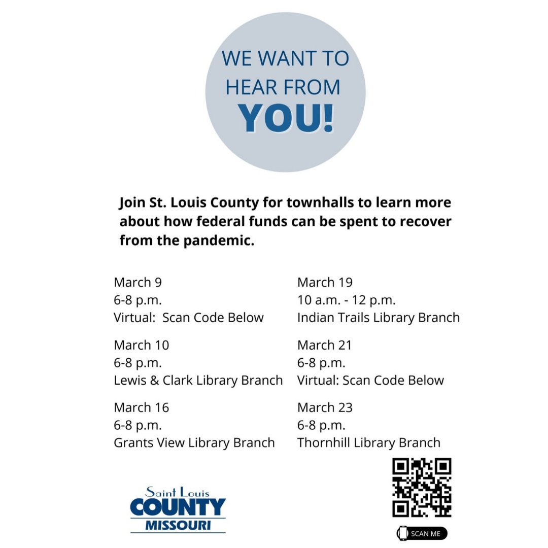 Please fill out the survey if you want your voice heard on how to spend ARPA funding.

If you need assistance, please attend one of these town halls. Let your voices be heard. Especially in North County!! #stlcounty #stlco #stl #ritadays

stlouiscountymo.gov/community-need…