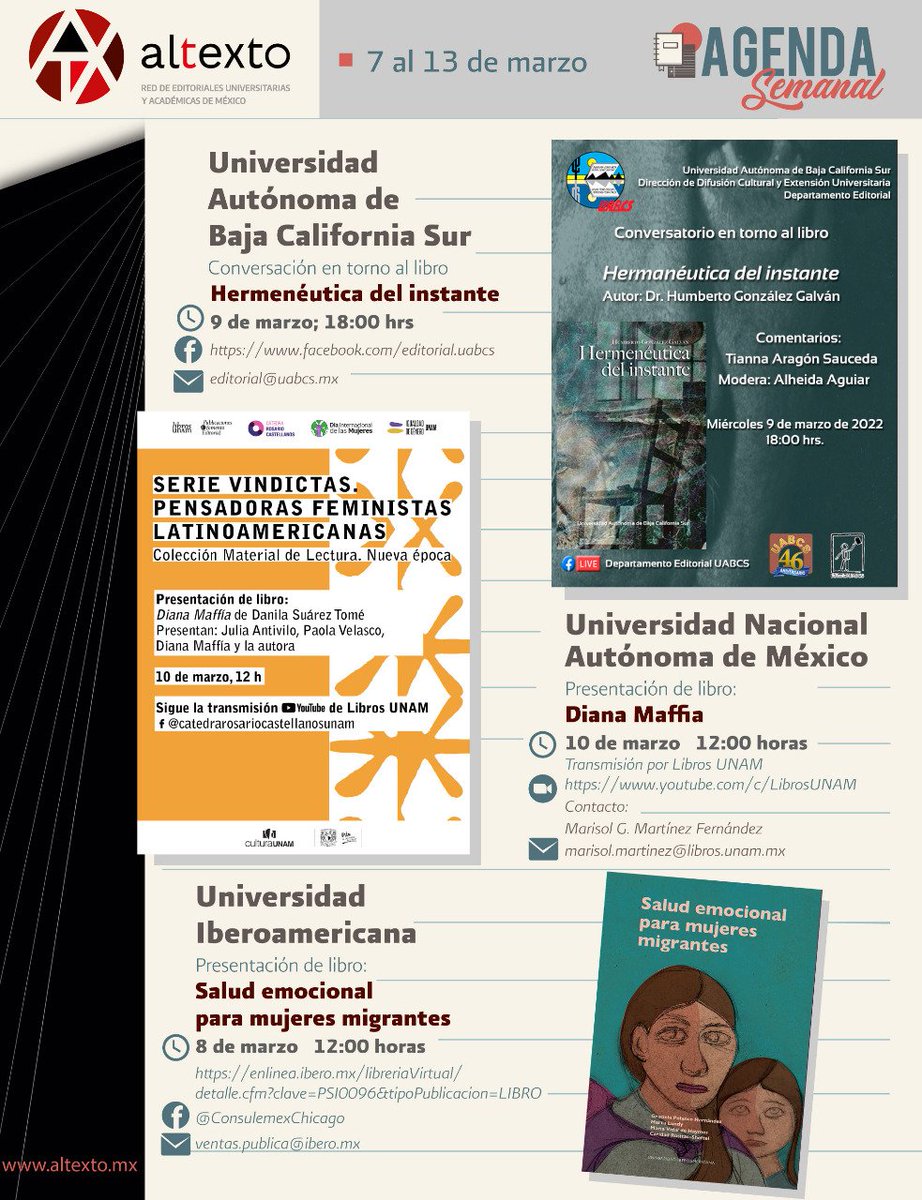 Como cada lunes, compartimos contigo la #AgendaSemanal con todos los eventos de las IES que integran la RNA 

#SomosAltexto