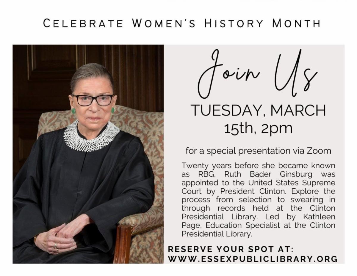 VisitEssexMA's tweet image. NEW Virtual Event: #repost Celebrate Women&apos;s History Month with @essexpubliclibrary! Reserve your spot now for “How RBG Came to Be”! at rb.gy/ttchda

#LoveMyLocal #TOHPBurnhamPublicLibrary  #DineShopStayPlayEssexMA
