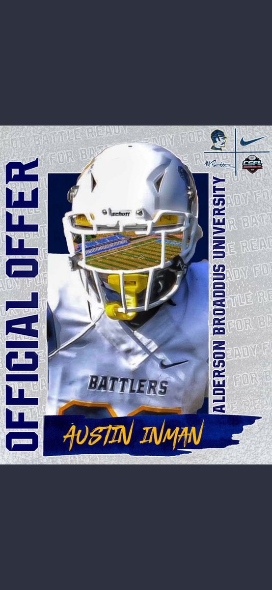 InmanAustin_'s tweet photo. #AGTG Blessed to receive an offer from Alderson Broaddus University!! 💙💛 @ABFootball @TylynSteele @coachfedd @coachrogersdut1 @coachameza @_Coach_O @msb4302003 @dreamchasin21 @DutchtownFB1 https://t.co/qhIbnRzkOJ