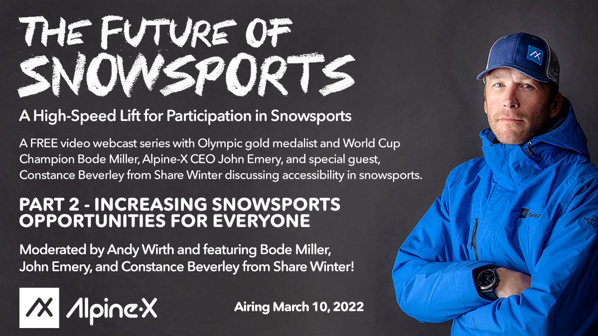 Tomorrow we are filming Part 2 of The Future of Snowsports series with Constance Beverley from @ShareWinter, as well as @MillerBode, @AlpineXceo, and Andy Wirth moderating. Submit questions ahead of time by visiting alpine-x.com/future-of-snow…. Episode to air on Thursday, March 10!