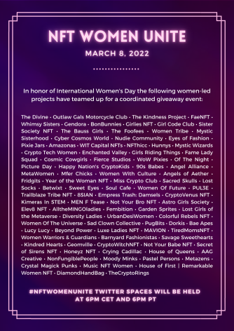 GirlsRidingNFT's tweet photo. ✨ NFT WOMEN UNITE GIVEAWAY ✨ In honor of International Women’s Day, Girls Riding Things &amp; 95+ other female led collections are giving away NFTs &amp;/or presale spots! We are giving away one GRT! For a chance to win from ANY of these collections, see this thread. ⬇️ https://t.co/EaMxJJ3Vks