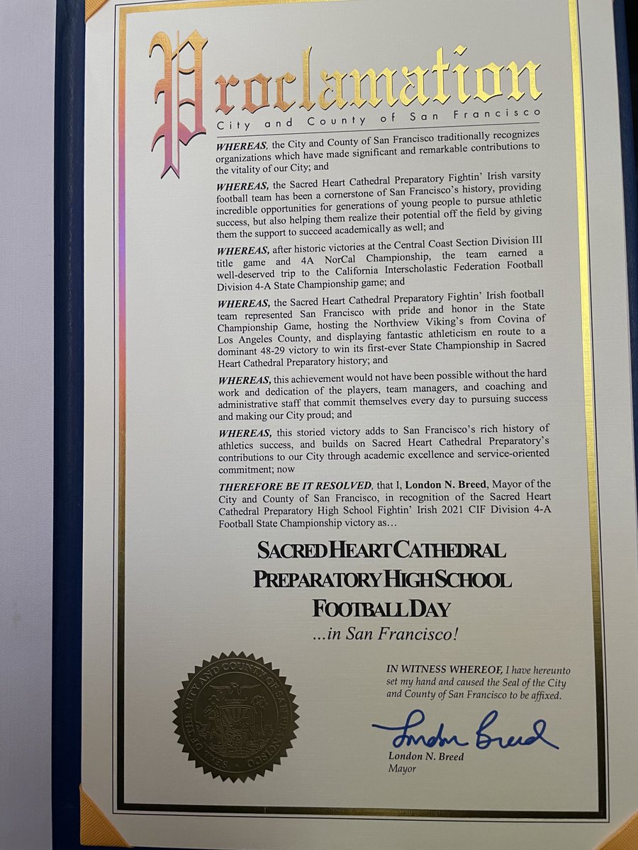Mayor London Breed announces today, March 7, 2022, as Sacred Heart Cathedral Preparatory Football Day in San Francisco.
