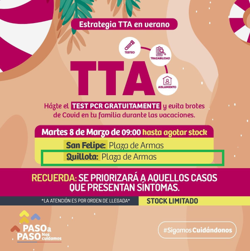 saludquillota's tweet photo. 💢SaludQuillota Informa 
✅Compartimos información de Seremi de Salud Valparaíso @SaludSsrv 

✔Mañana martes 08 de marzo, el #TTAMóvil estará en la Plaza de Armas de #Quillota desde las 09:00 hasta agotar stock

✅Recuerda, se priorizará a aquellos casos que presentan síntomas https://t.co/NM43MoKsuM