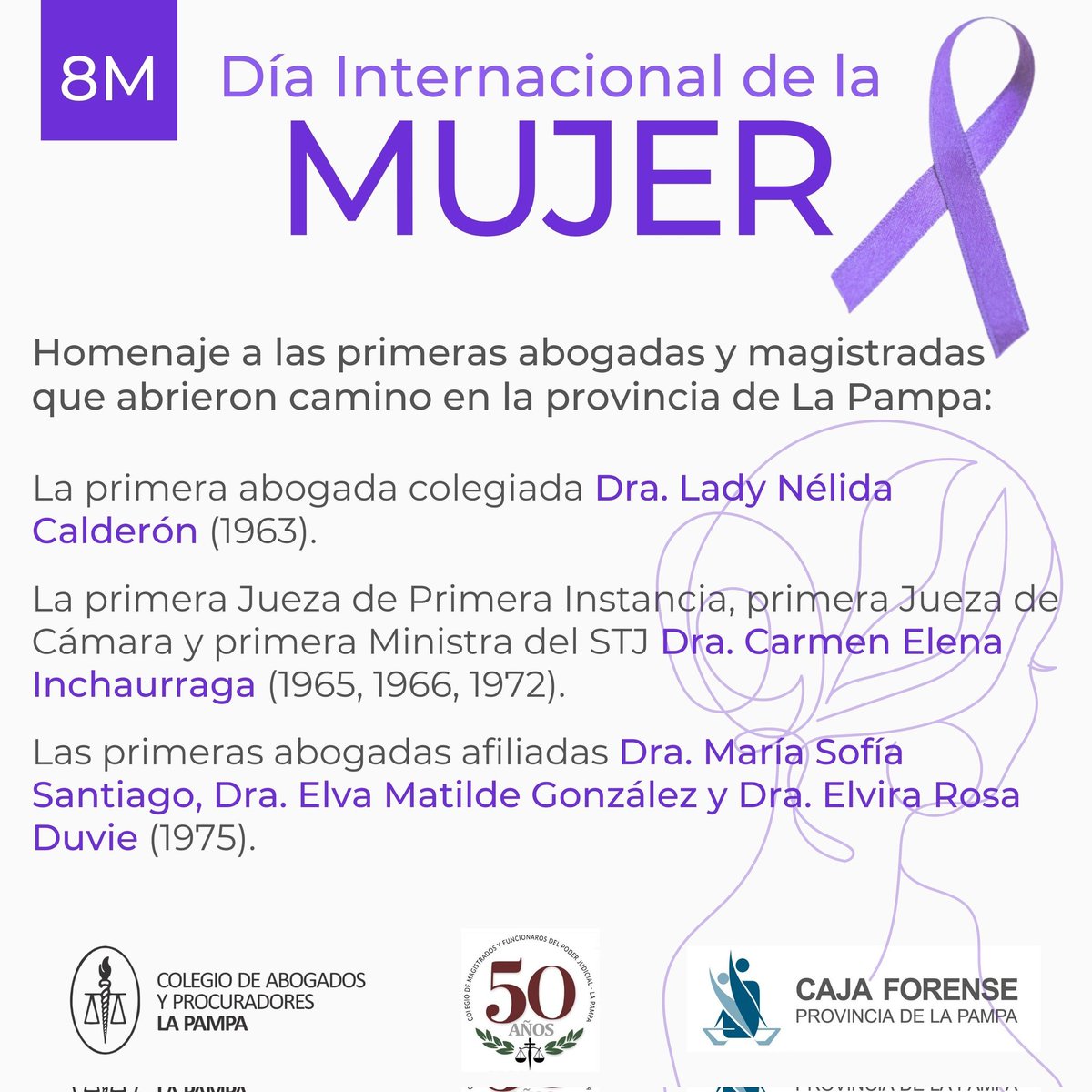 CajaForenseLP's tweet photo. 💜 #8M 👉 DIA INTERNACIONAL DE LA MUJER 
👉 Homenaje a las primeras #abogadas y #magistradas que abrieron camino en la provincia de #LaPampa. 

#abogadosdelapampa #diadelamujer https://t.co/U7eZAc7Jpi
