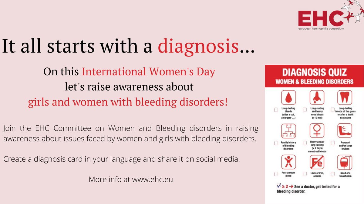 EHC_Haemophilia's tweet photo. On this #InternationalWomensDay2022, we wish to share a message from our Women and Bleeding Disorders' Committee! 
More info at https://t.co/CuvkglgIXS https://t.co/mR5mjhjiOe