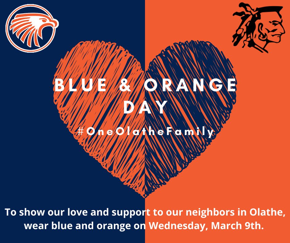 To show our love and support to our neighbors in Olathe, wear blue and orange on Wednesday, March 9th. #204BravesPride #OneOlatheFamily <a href="/OlatheEastHawks/">Olathe East High School</a>