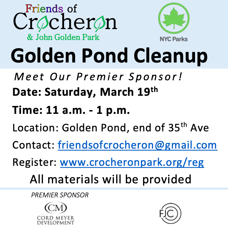 Excited for our March 19th Pond Cleanup with our Premier Sponsor Cord Meyer! Thank you to #cordmeyer for including us in your tradition of community giving 💚 

crocheronpark.org/reg to register for this event. #nycparks #volunteers