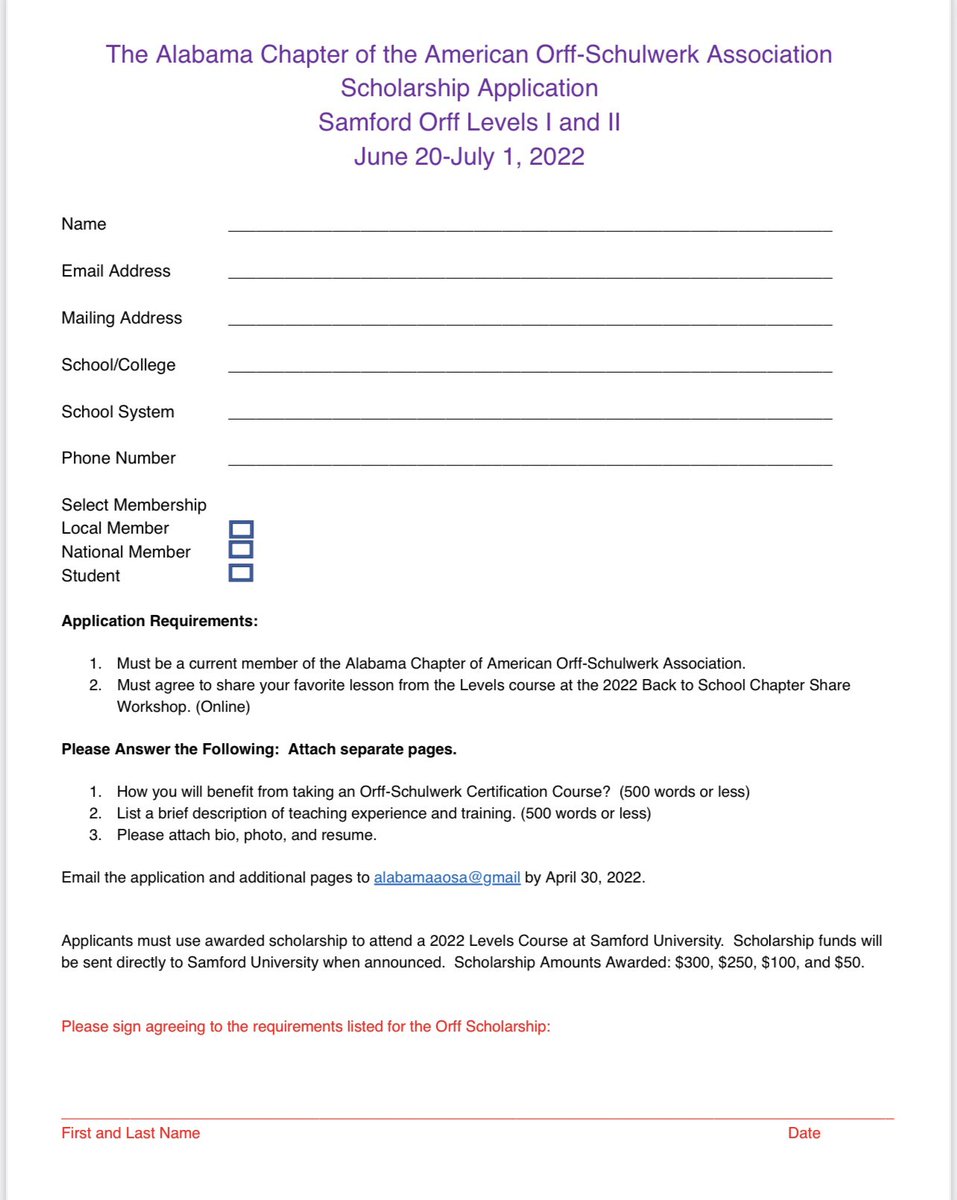 AlabamaAosa's tweet photo. The Alabama Chapter of AOSA is offering scholarships for members that are taking Orff Level I or Level II this summer at Samford University. 

Below is a picture of the application. It will be available at the workshop on Saturday! https://t.co/i112hLAfDS