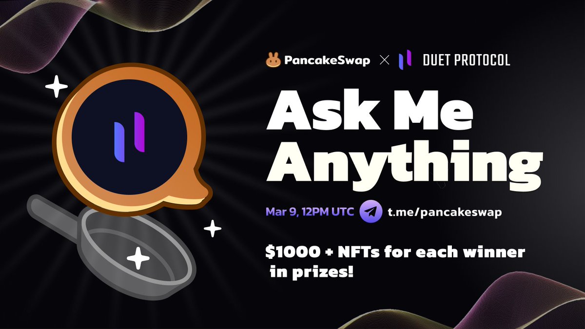 PancakeSwap's tweet photo. 🐰⚔️🐰
Join our AMA with @duetprotocol, our next IFO project!

🗓️ 12:00 PM UTC, Mar 9th
🤑 $1,000 in prizes + NFTs for each winner!
👉 Join the AMA group: https://t.co/1RY5f638om

🤔 Got questions for the $DUET team? Post in this thread 👇

Learn more about how to win AMA prizes: https://t.co/tCVFjtBViv