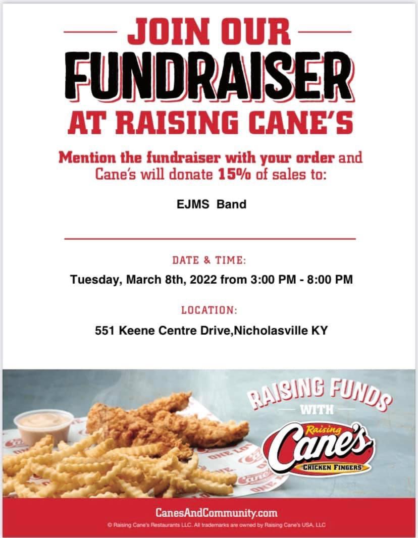 JessCoArts's tweet photo. Eat at canes tomorrow and mention East Jessamine Middle School Bands! https://t.co/ePdUz10yaj