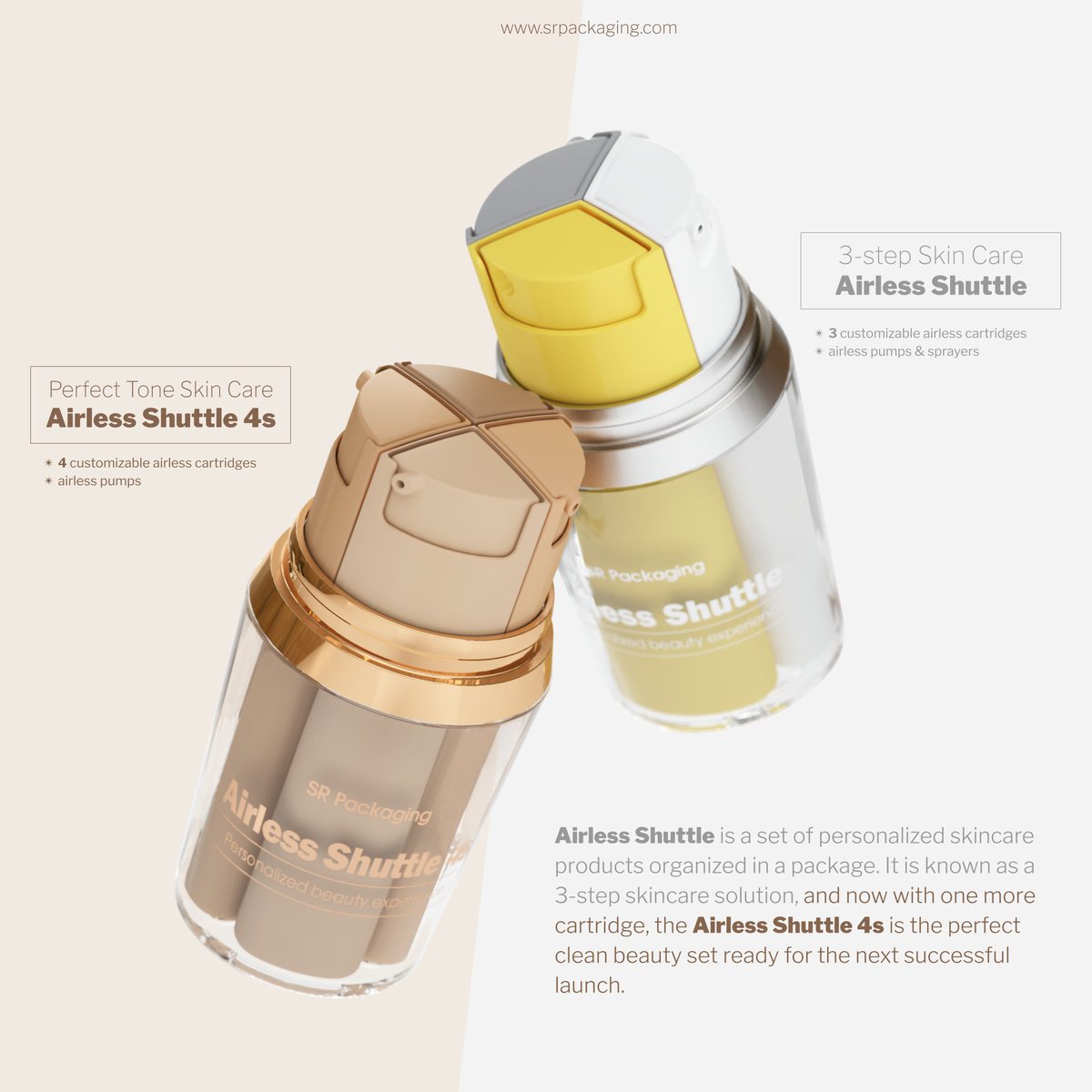 sr_packaging's tweet photo. Helping consumers to have a complete line of products without jamming cabinet space is the goal of the #AirlessShuttle application. With 4 #ECOAirless cartridges, the #Airless Shuttle 4s is ready to take the beauty shelves.

https://t.co/2uLmGoW8yc

#パーソナライズ
♯スキンケア https://t.co/tMFKLB5JyQ