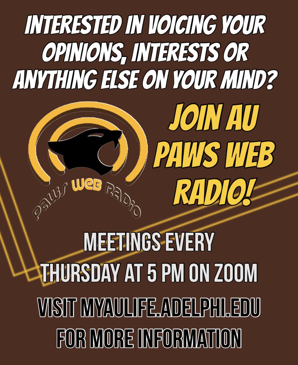 AU PAWS Web Radio is the club to join if you’re looking to host a podcast of your own by yourself or with friends here at Adelphi! Meetings are on Zoom every Thursday at 5 PM. We welcome any new members!