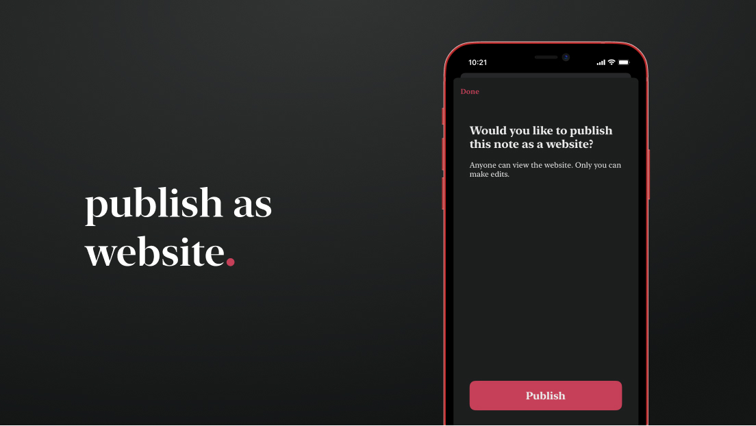 Published websites now reflect your personal theme 🎨✒️💃🏽

1 → Choose a note
2 → Tap the action button
3 → Publish as Website

#write #focus #publish