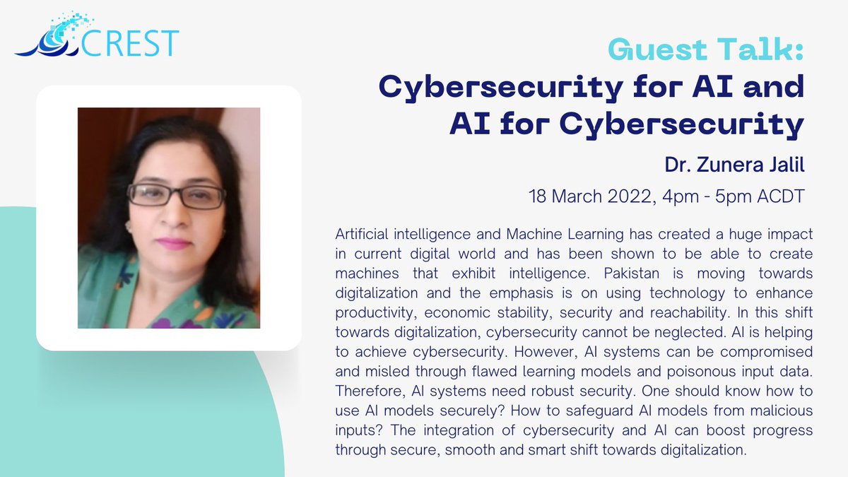 crest_centre's tweet photo. We're glad to announce our first guest talk of the #crest_seminar series by Dr. Zunera Jalil.
An exciting talk for researchers and practitioners working in the areas of #Cybersecurity, #AI and #SoftwareEngineering. 👇 https://t.co/gce8D6etSp