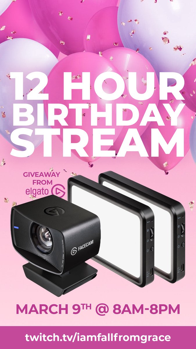 TOMORROW from 8am I'll be live for 12 hours celebrating my 30th Birthday with you all! 🥳✨

We'll be playing Viewer Games AND giving away a HUGE <a href="/elgato/">Elgato</a> gift including 2x Key Light Mini's and a Facecam! 🎁 See you there: twitch.tv/iamfallfromgra…